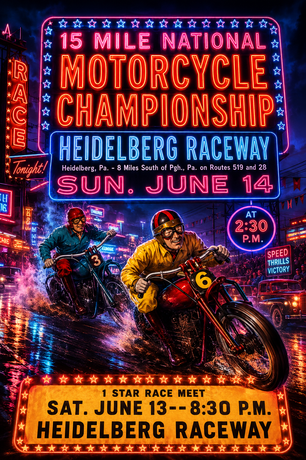 Campeonato Nacional de Motociclismo de 15 Milhas versão neon retro