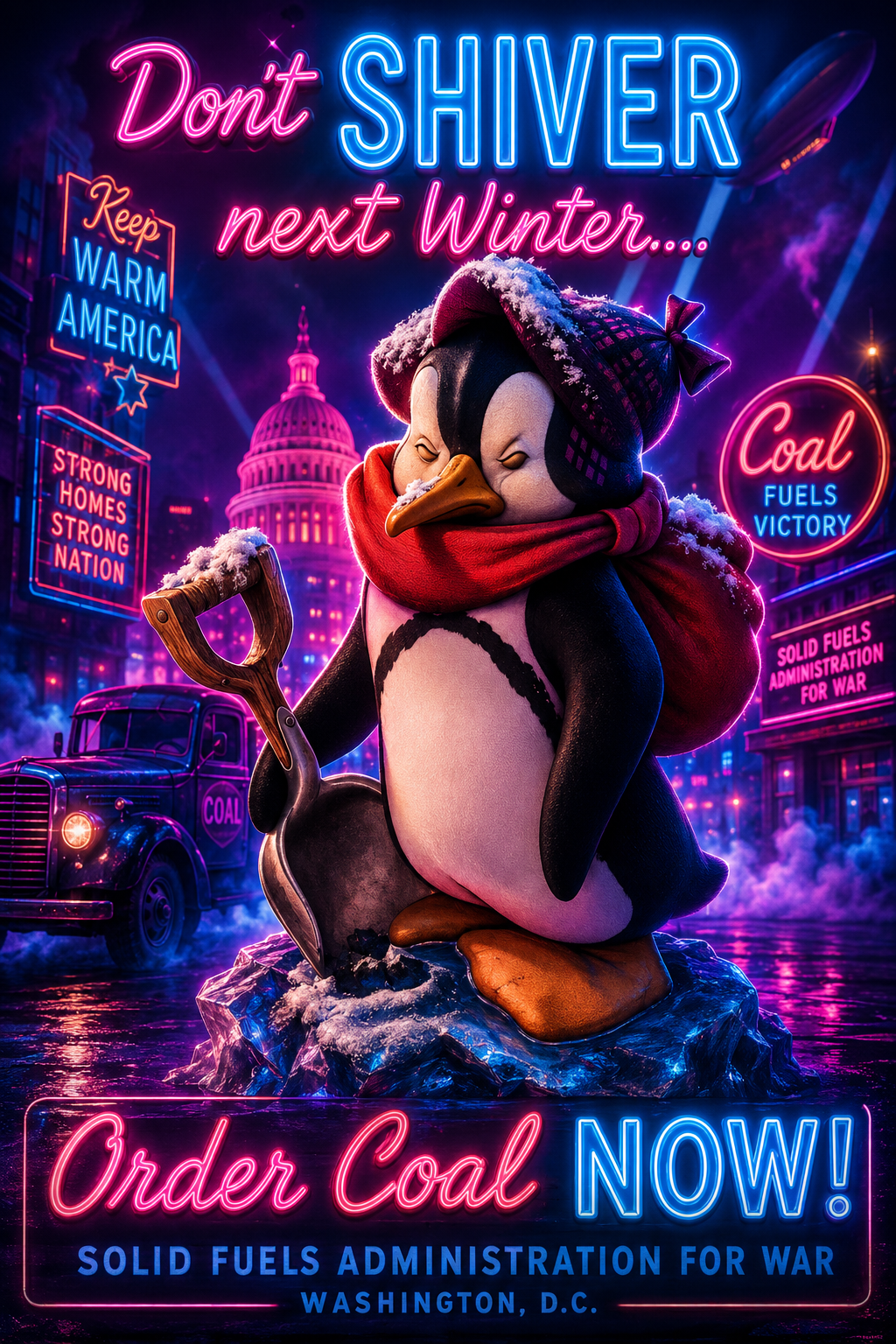 Não Trema no Próximo Inverno... Peça Carvão Agora! versão neon retro