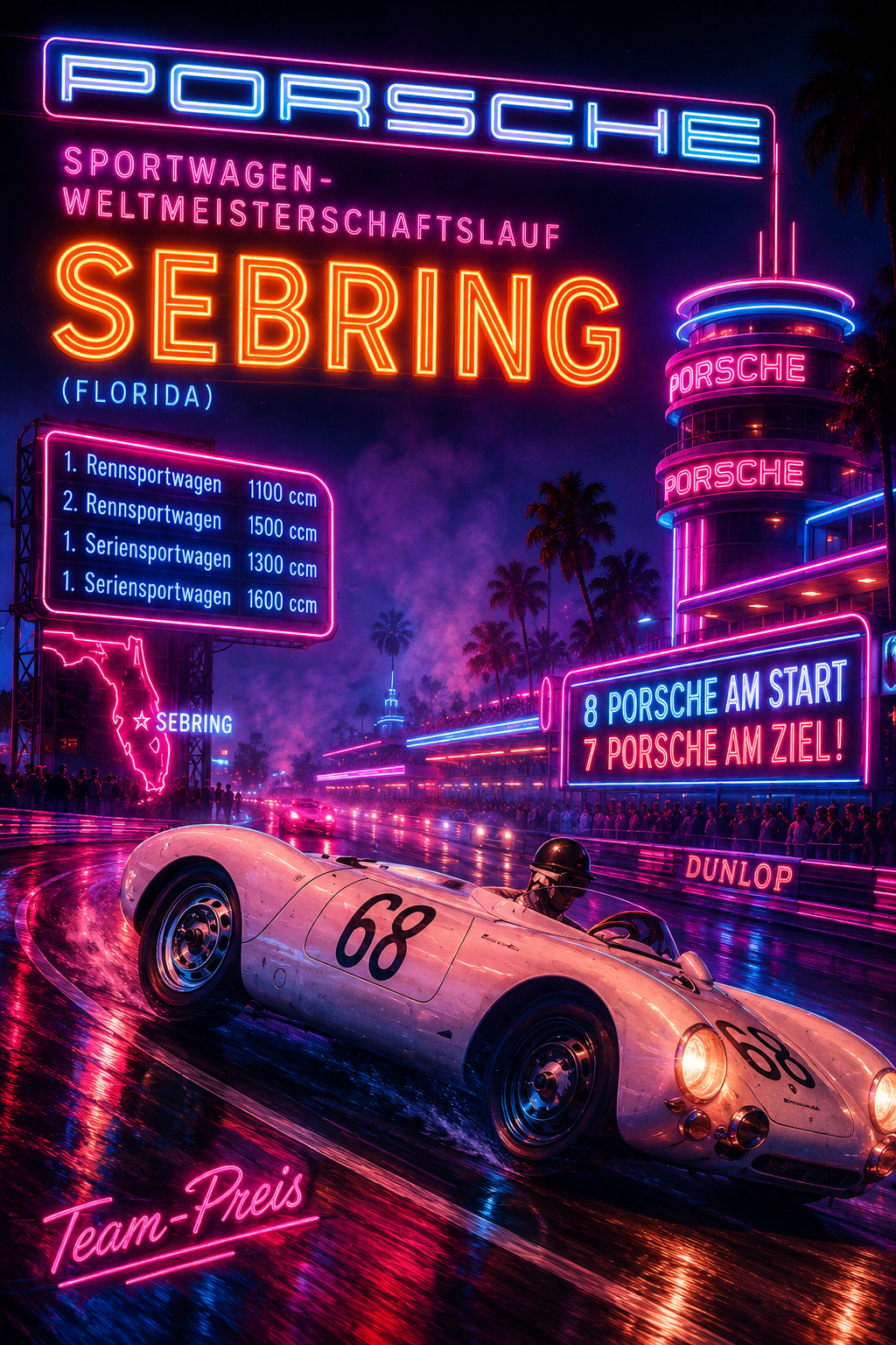 PORSCHE Corrida do Campeonato Mundial de Carros Esportivos Sebring (Flórida) versão neon retro
