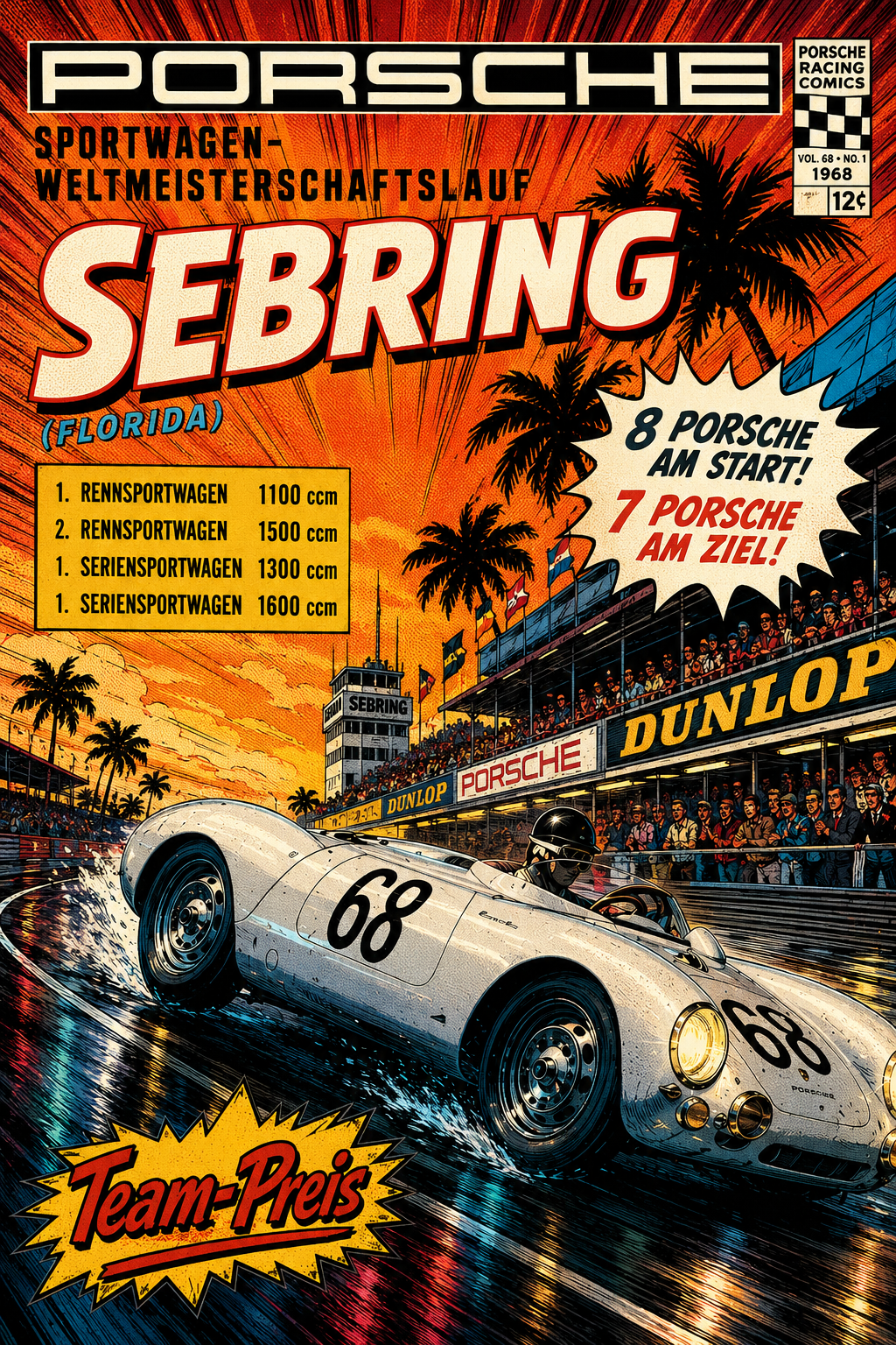 PORSCHE Corrida do Campeonato Mundial de Carros Esportivos Sebring (Flórida) versão comic superhero